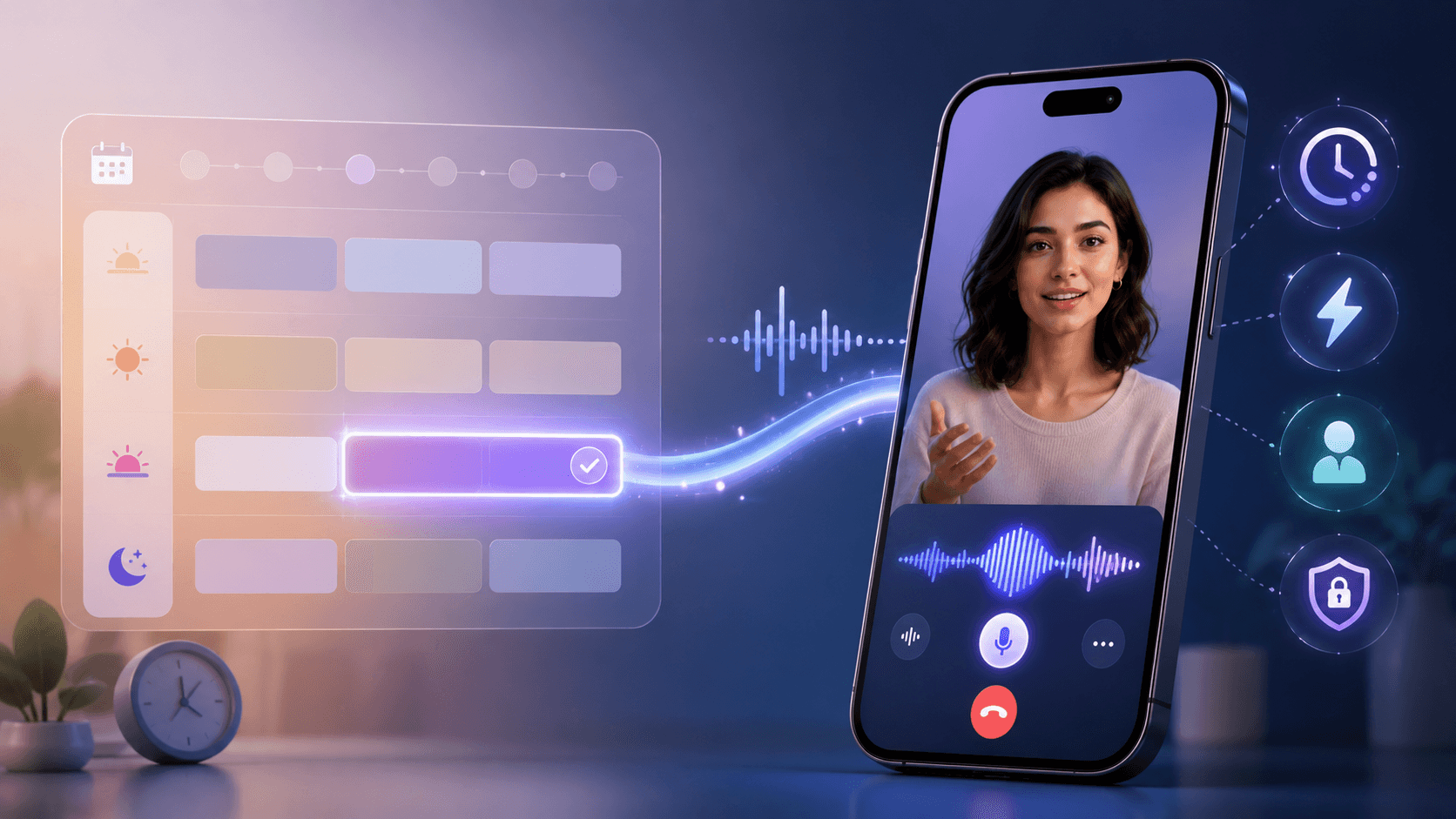 A list of time slots with one selected, connected to a phone showing an active voice conversation