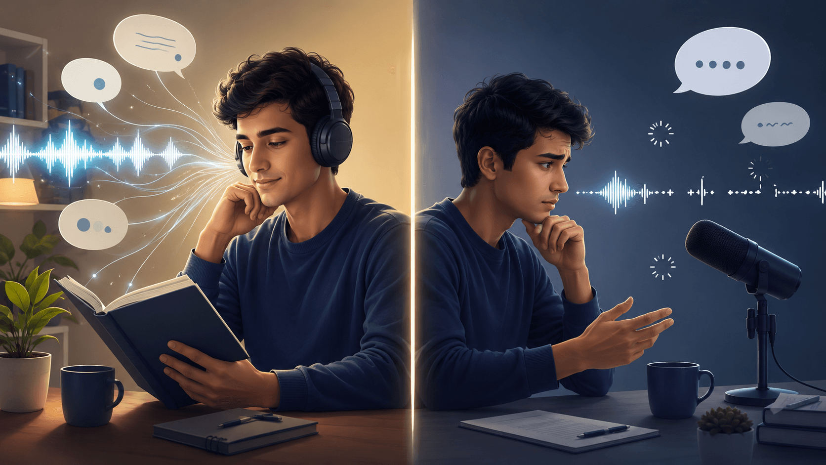 Two panels side by side: one showing speech flowing freely, the other showing it stalling into pauses