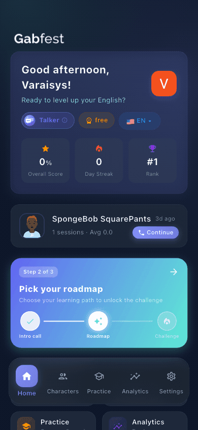 The Gabfest home screen, showing a conversation to continue, a learning roadmap and score, streak and rank tiles